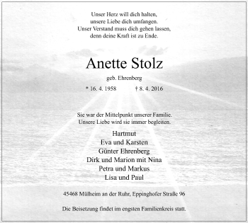 Traueranzeige von Anette Stolz von Mülheimer Woche
