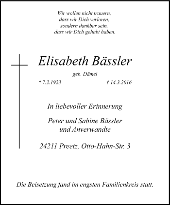Traueranzeige von Elisabeth Bässler von Kettwig Kurier