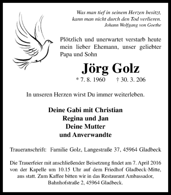 Traueranzeige von Jörg Golz von Stadtspiegel Gladbeck