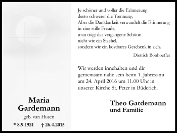Traueranzeige von Maria Gardemann von Der Weseler + Der Xantener