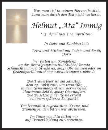 Traueranzeige von Helmut  Immig von Wochen-Anzeiger Oberhausen