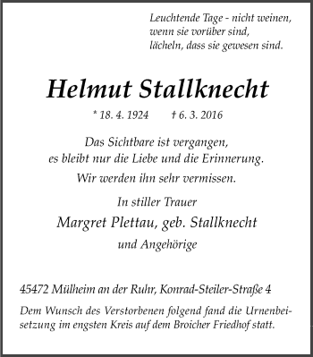 Traueranzeige von Helmut Stallknecht von Mülheimer Woche
