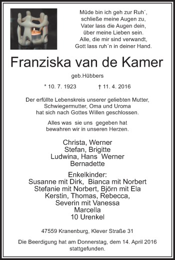 Traueranzeige von Franziska van de Kamer von Klever Wochenblatt
