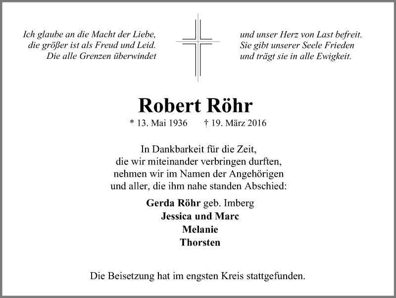  Traueranzeige für Robert Röhr vom 16.04.2016 aus Stadtspiegel Hattingen/Niedersprockhövel