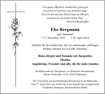 Traueranzeige von Else Bergmann von Stadtspiegel Hattingen/Niedersprockhövel