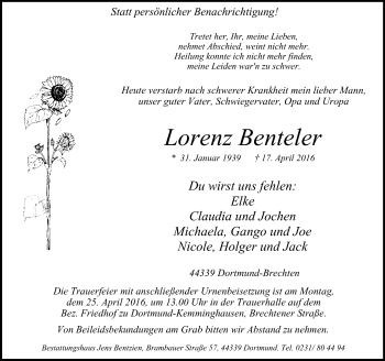 Traueranzeige von Lorenz Benteler von Stadtanzeiger Dortmund