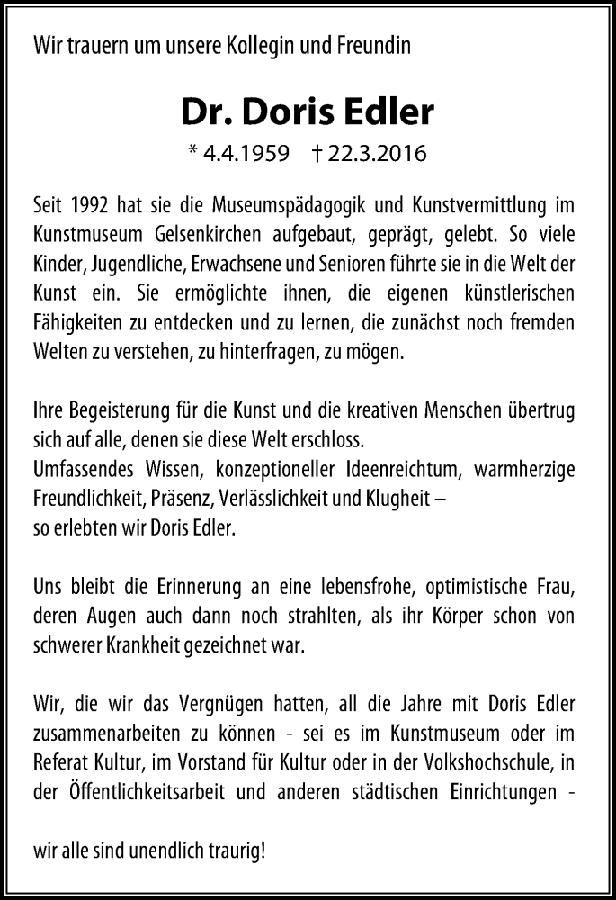  Traueranzeige für Doris Edler vom 06.04.2016 aus Stadtspiegel Gelsenkirchen