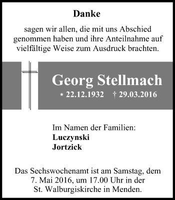 Traueranzeige von Georg Stellmach von Stadtspiegel Menden + Froendenberg