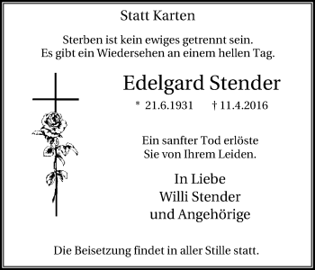 Traueranzeige von Edelgard Stender von Lüner Anzeiger