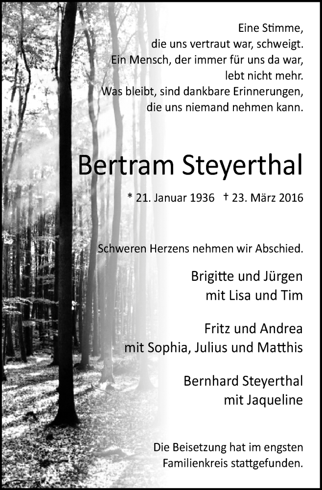  Traueranzeige für Bertram Steyerthal vom 02.04.2016 aus Stadtspiegel Bottrop