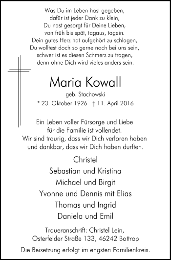 Traueranzeige von Maria Kowall von Stadtspiegel Bottrop