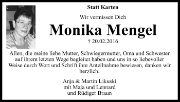 Traueranzeige von Monika Mengel von Wochen-Anzeiger Oberhausen