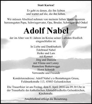 Traueranzeige von Adolf Nabel von Stadtspiegel Gelsenkirchen