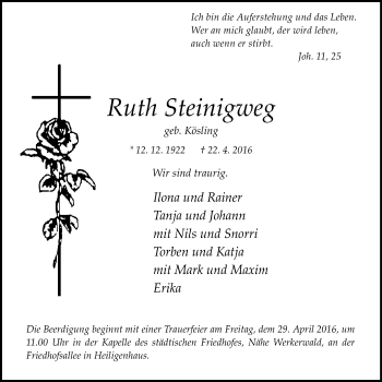 Traueranzeige von Ruth Steinigweg von Stadtanzeiger Velbert + Heiligenhaus