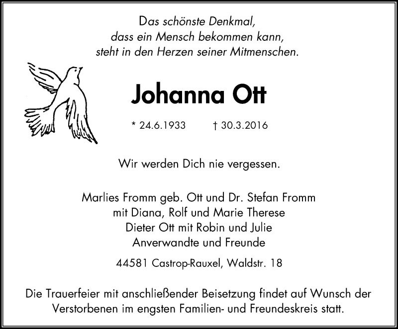  Traueranzeige für Johanna Ott vom 09.04.2016 aus Stadtanz.Castrop-Rauxel