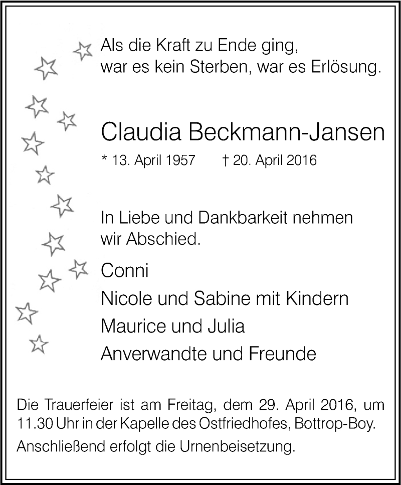  Traueranzeige für Claudia Beckmann-Jansen vom 23.04.2016 aus Stadtspiegel Bottrop