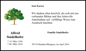 Traueranzeige von Alfred Stadelhofer von Stadtspiegel Menden + Froendenberg