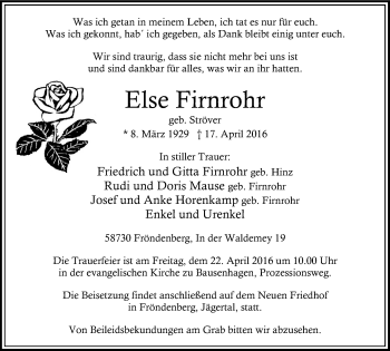 Traueranzeige von Else Firnrohr von Stadtspiegel Menden + Froendenberg