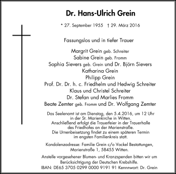 Traueranzeige von Hans-Ulrich Grein von wap Schwelm/Gevelsberg/Ennepetal