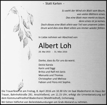 Traueranzeige von Albert Loh von Stadtanz.Castrop-Rauxel