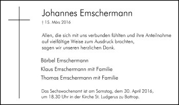 Traueranzeige von Johannes Emschermann von Stadtspiegel Bottrop