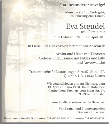 Traueranzeige von Eva Steudel von Lüner Anzeiger
