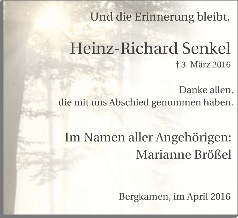  Traueranzeige für Heinz-Richard Senkel vom 20.04.2016 aus Stadtspiegel Kamen + Unna