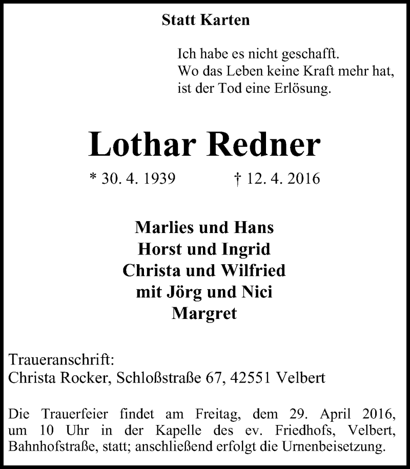  Traueranzeige für Lothar Redner vom 23.04.2016 aus Stadtanzeiger Velbert + Heiligenhaus