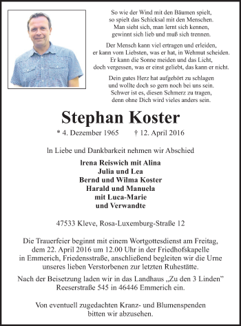Traueranzeige von Stephan Koster von Klever + Gocher Wochenblatt + Stadtanzeiger Emmerich