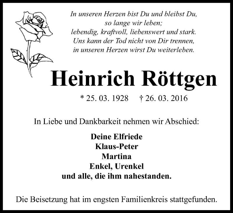  Traueranzeige für Heinrich Röttgen vom 06.04.2016 aus Wochen-Anzeiger Oberhausen