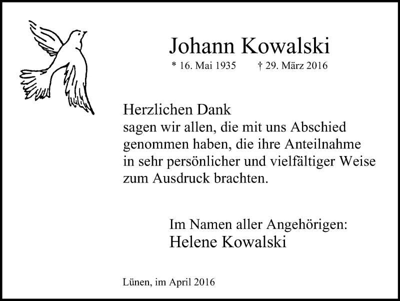  Traueranzeige für Johann Kowalski vom 23.04.2016 aus Lüner Anzeiger