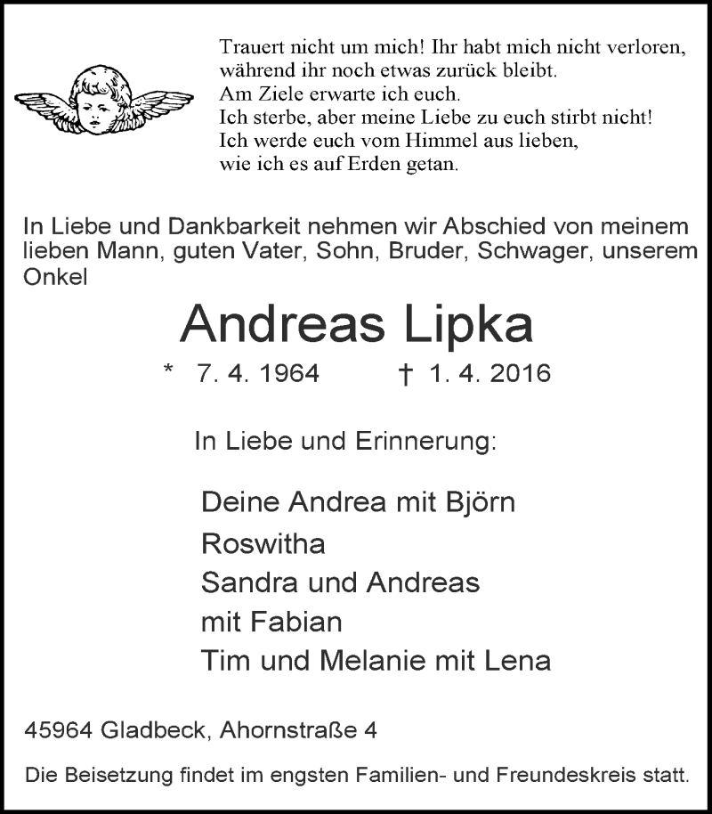  Traueranzeige für Andreas Lipka vom 06.04.2016 aus Stadtspiegel Gladbeck