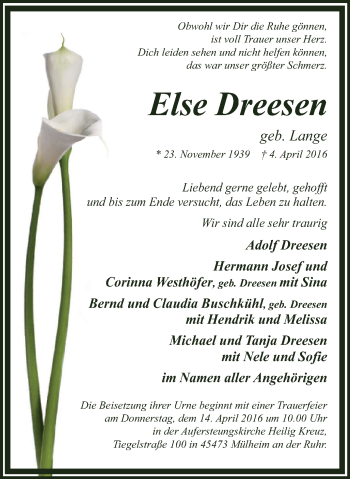 Traueranzeige von Else Dreesen von Mülheimer Woche