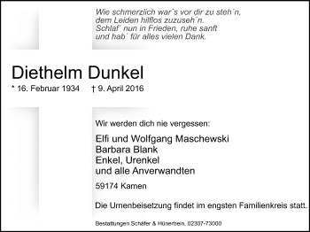 Traueranzeige von Diethelm Dunkel von Stadtspiegel Kamen + Unna