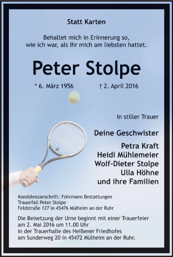 Traueranzeige von Peter Stolpe von Mülheimer Woche