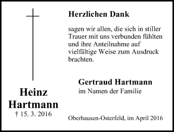 Traueranzeige von Heinz Hartmann von Wochen-Anzeiger Oberhausen