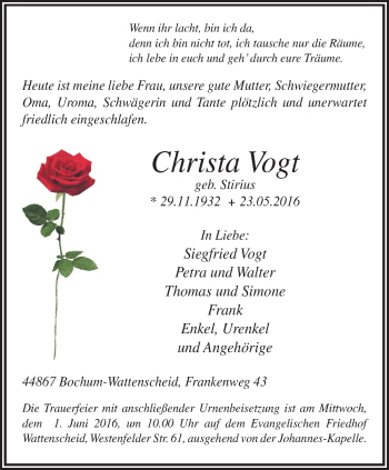 Traueranzeige von Christa Vogt von Stadtspiegel Wattenscheid