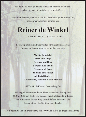 Traueranzeige von Reiner de Winkel von Gocher Wochenblatt