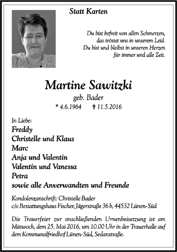 Traueranzeige von Martine Sawitzki von Lüner Anzeiger