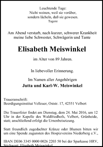 Traueranzeige von Elisabeth Meiswinkel von Stadtanzeiger Velbert + Heiligenhaus