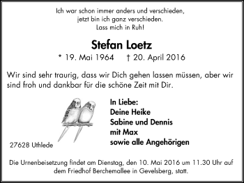 Traueranzeige von Stefan Loetz von wap Schwelm/Gevelsberg/Ennepetal