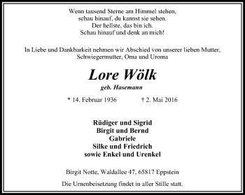 Traueranzeige von Lore Wölk von Stadtanzeiger Velbert + Heiligenhaus