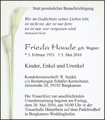 Traueranzeige von Frieda Haude von Stadtspiegel Kamen + Unna