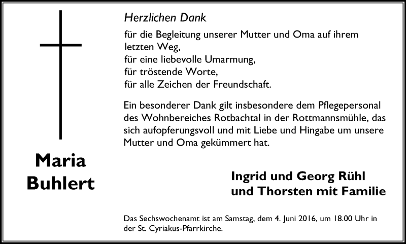  Traueranzeige für Maria Buhlert vom 25.05.2016 aus Stadtspiegel Bottrop