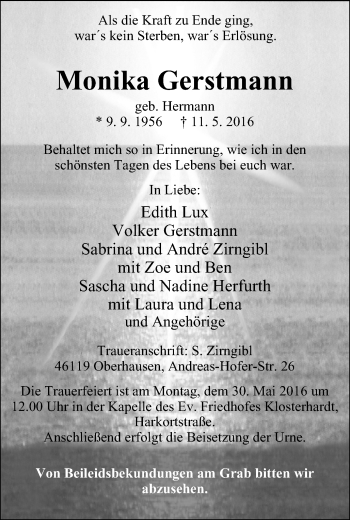 Traueranzeige von Monika Gerstmann von Wochen-Anzeiger Oberhausen