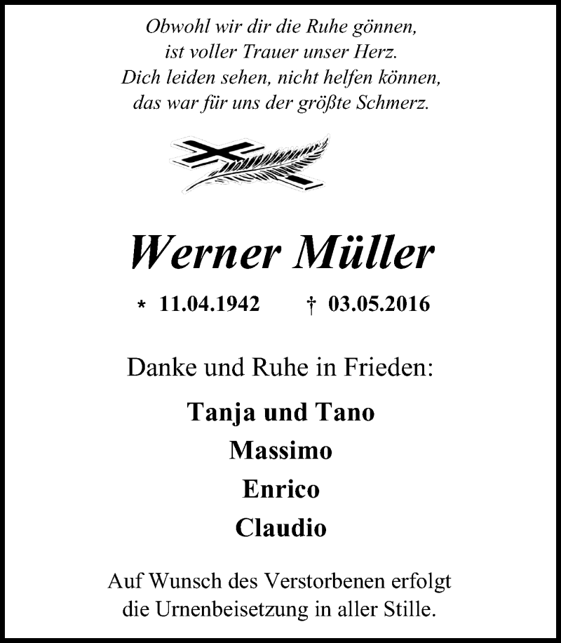  Traueranzeige für Werner Müller vom 14.05.2016 aus Wochen-Anzeiger Oberhausen