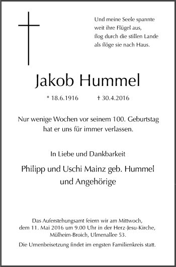 Traueranzeige von Jakob Hummel von Mülheimer Woche
