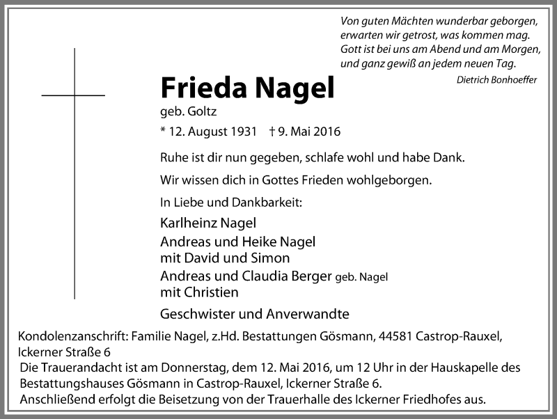  Traueranzeige für Frieda Nagel vom 11.05.2016 aus Stadtanz.Castrop-Rauxel