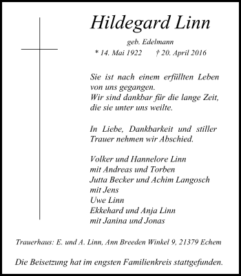 Traueranzeige von Hildegard Linn von Lüner Anzeiger