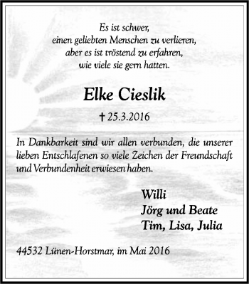 Traueranzeige von Elke Cieslik von Lüner Anzeiger